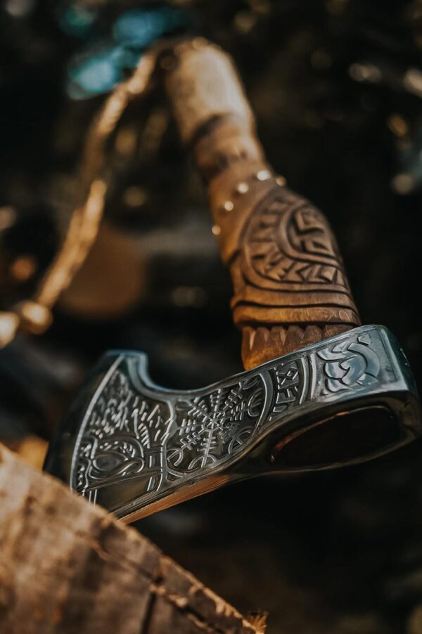 carbon steel viking axe with rose wood gallery 1